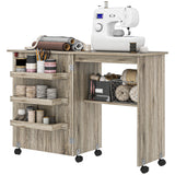 Armoire à machine à coudre, table de couture pliante avec étagère de rangement, bacs et roues verrouillables pour petit espace