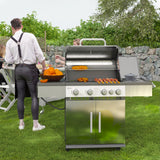 4+1 Burner Liquid Propane Gas Grill Outdoor Portable BBQ with Side Burner, Warming Rack, Side Shelf, Storage Cabinet, 4 Wheels