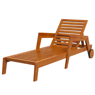 Wood Lounge Chair Outdoor Tanning Chair with Wheels, 3-Position Adjustable Backrest and Armrests