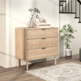 Commode de chambre, meuble-classeur 3 tiroirs avec panneaux cannelés et pieds en bois massif, armoire de rangement pour salon
