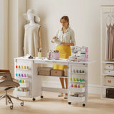 Folding Craft Table, Rolling Sewing Machine Table with Magnetic Doors, Storage Shelf, Lockable Wheels