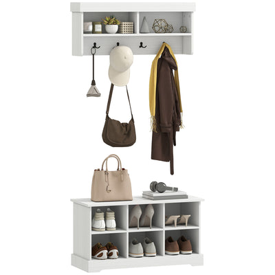 Coat Rack Shoe Bench Set, Entryway Shoe Bench with 8 Storage Cubbies, 4 Hooks for Hallway