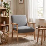 Minimalistic Accent Chairs Wood Frame w/ Thick Linen Cushions Wide Seat Armchair for Bedroom Office