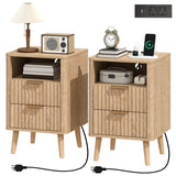 Nightstands Set of 2, Modern Bedside Tables with Charging Station, 2 Drawers and Open Shelf