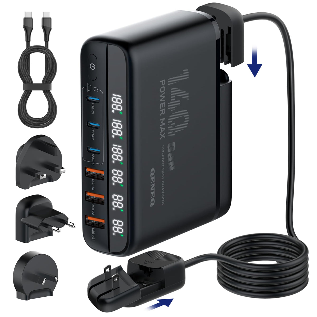 Chargeur mural USB C GaN 140 W, station de charge rapide USB 6 ports avec sortie 100 W