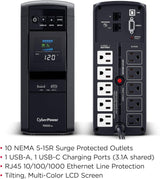 CyberPower CP1000PFCLCD PFC Sinewave UPS System, 1000VA/600W, 10 Outle