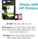 Cartouches d'encre noir/trois couleurs HP 65 d'origine, lot de 2, compatibles avec HP A