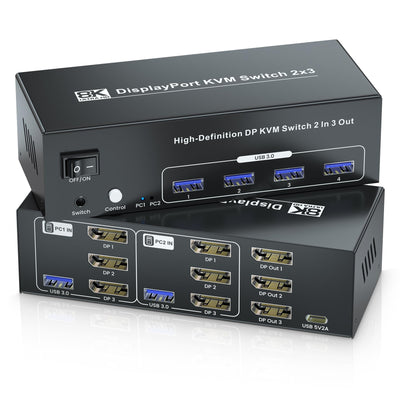 8K60Hz 4K120Hz Displayport KVM Switch 3 Monitors 2 Computers, USB 3.0