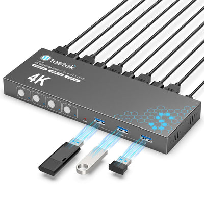 KVM Switch HDMI 4 Port Box, UHD 4K@60Hz 3 USB 3.0 Hub, HDMI KVM Switch
