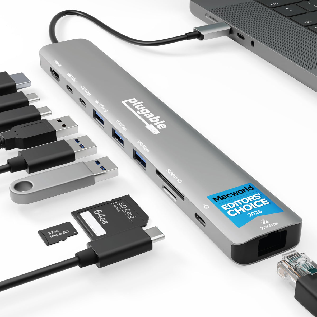 PLUGABLE HUB USB-C 10-EN-1 AVEC HDMI 8K EN TRANSIT 140W DE CHARGE