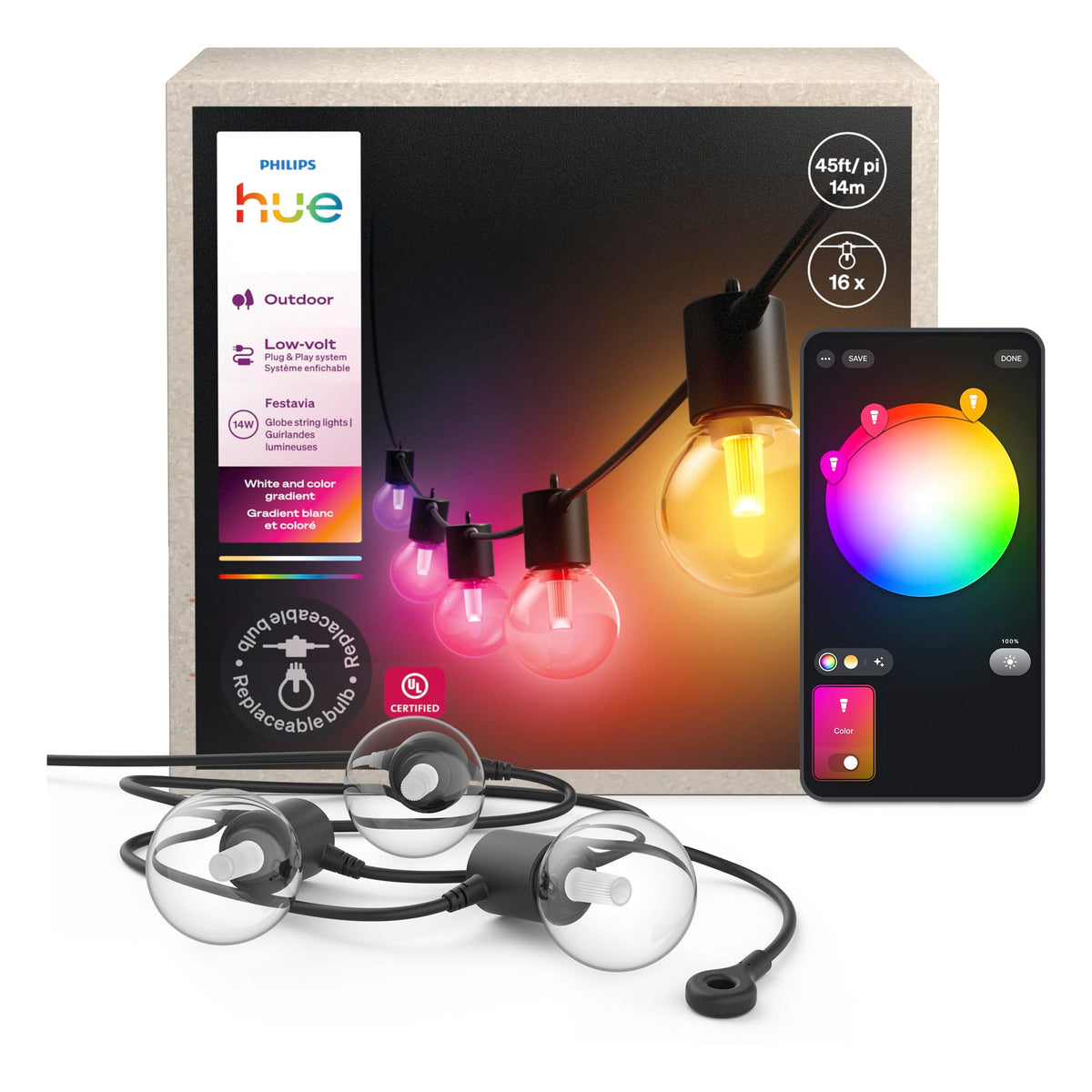 Philips Hue Festavia Globe Outdoor String Lights, White and Color Ambi