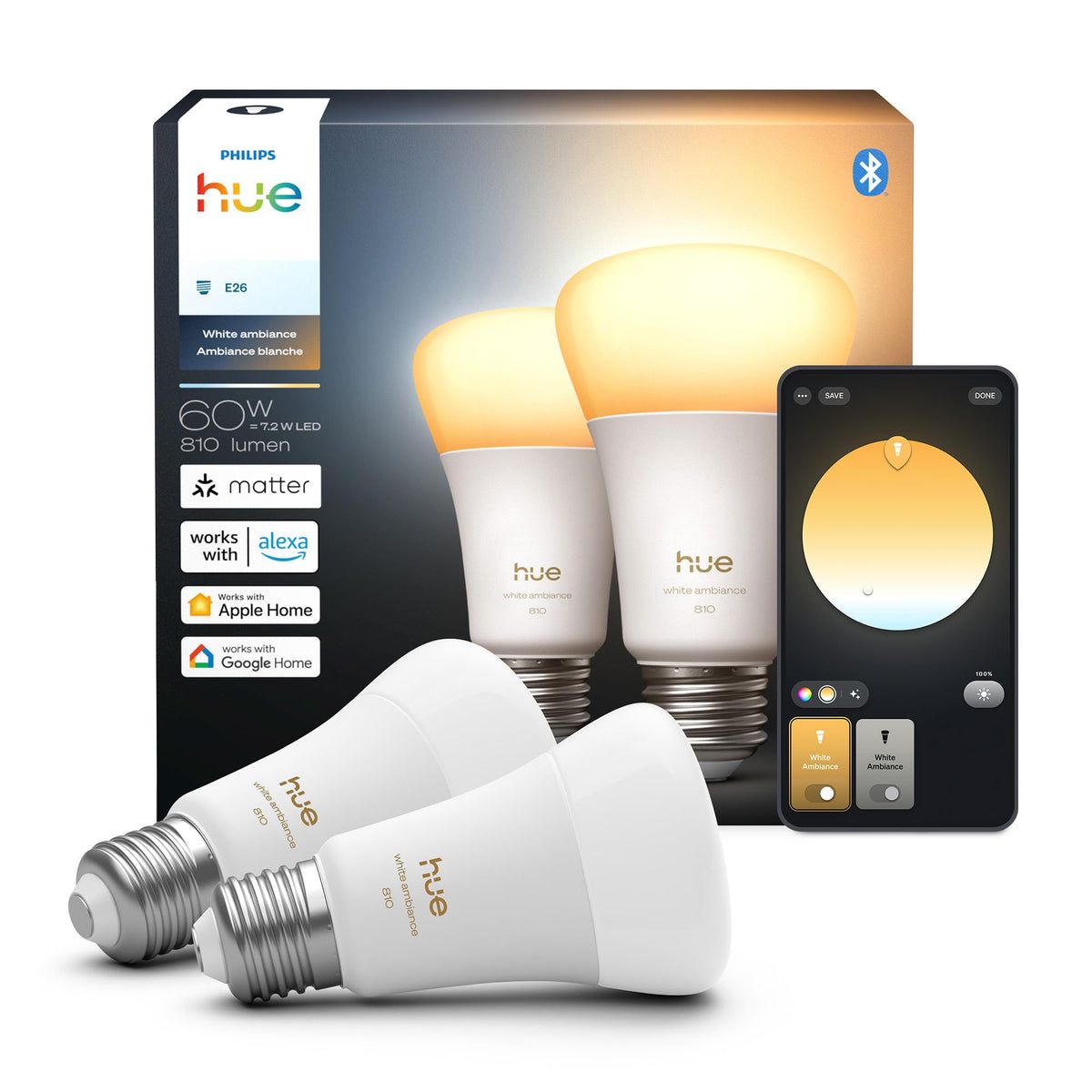 Philips Hue Smart LED A19 Bulb, White Ambiance, E26 Base, 7.2W, Full S