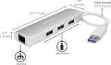 StarTech.com 3-Port USB Hub with Ethernet, 3x USB-A Ports, Gigabit Eth
