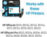 Original HP 910 Cyan Ink Cartridge, Works with HP OfficeJet 8010, 802