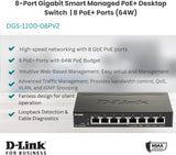 D-Link 8-Port Gigabit Smart Managed PoE+ Ethernet Switch, up to 64W Po
