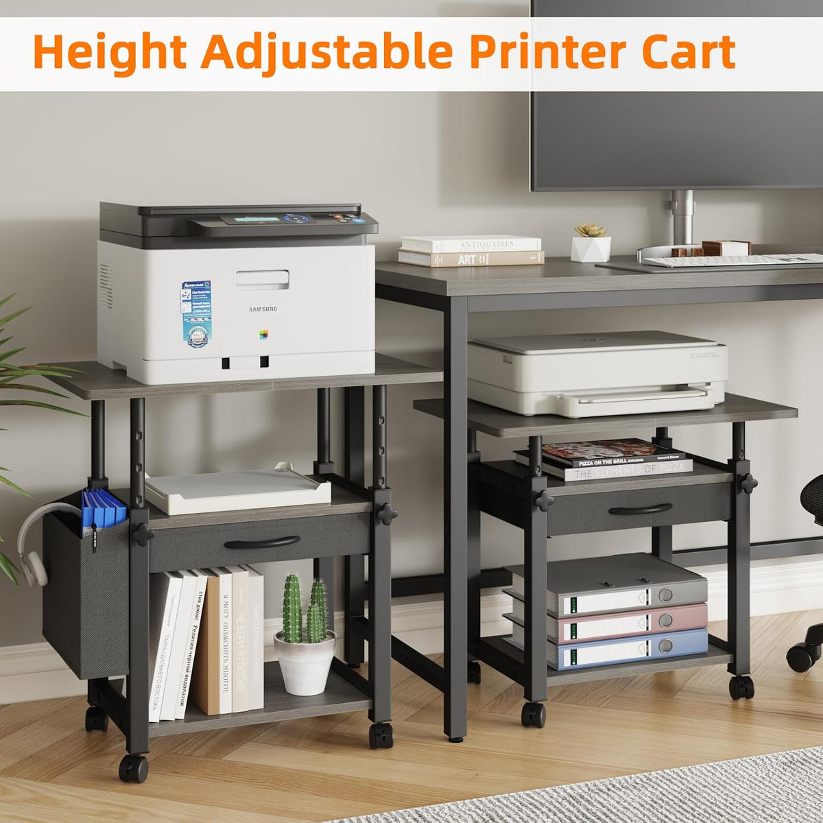 YAOHUOO 3-Tier Large Printer Stand with Storage Drawer and Side Bag, 3