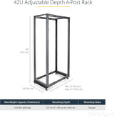 StarTech 42U 4-Post Open Frame Rack, 19in, 22-40in, 600kg/1323lb, Mob