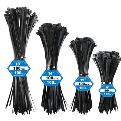 Zip Ties Assorted Sizes, RAZCC 400 Pack (8+12+14+18Inch) Black Cable T