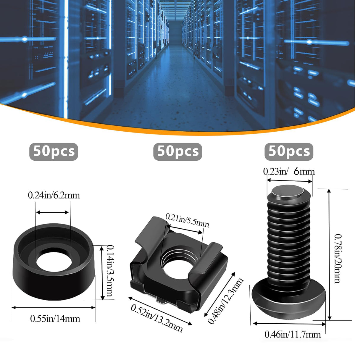 50 PK OF M6 MOUNTING SCREWS AND M6 CAGE NUTS M6X12MM BLACK
