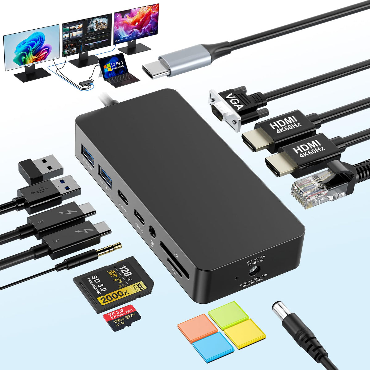 12 in 1 Microsoft Surface Dock Triple Displays Dual HDMI+VGA with Powe