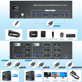 8K60Hz 4K120Hz Displayport KVM Switch 3 Monitors 2 Computers, USB 3.0