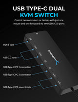 SABRENT KVM Switch, Peripheral Sharing with 2 Port USB C inputs, 2 Por