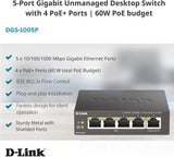 D-Link 5-Port Gigabit PoE+ Unmanaged Ethernet Switch, with 4 PoE Ports