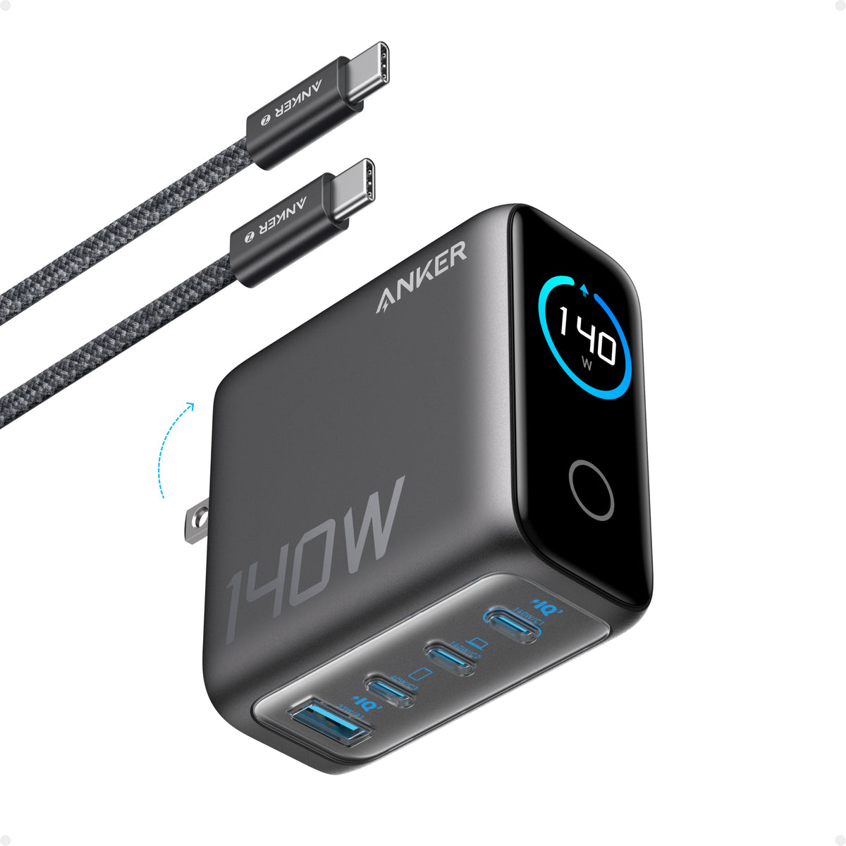 Blocs de chargeur GaN 4 ports Anker 140W Max, affichage intelligent pour MacBook Ch
