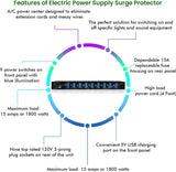 6OUT Surge Protector Power Strip 15FT Cord 790J Black