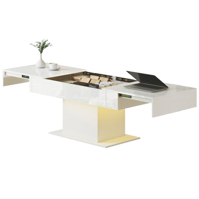 Table Basse Extensible avec Lumières LED, Table de Centre Moderne Laquée Blanc Brillant avec Rangement Caché pour Salon