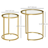 Lot de 2 tables basses gigognes à base métallique, table d'appoint ronde avec plateau en verre trempé pour salon