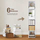 6-Tier Bookcase, Tall Narrow Bookshelf with Drawer and Door