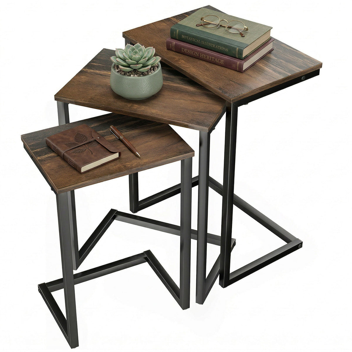 Nesting Coffee Table Set of 3, Stackable Rectangular End Tables with Wood-Effect Top, Metal Frame, Industrial & Rustic C-Shaped for Small Space