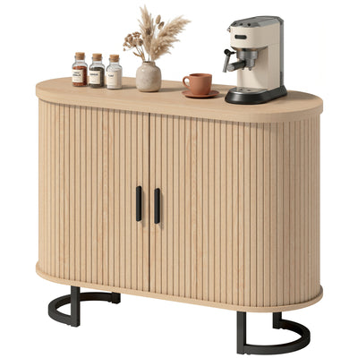 Sideboard Buffet Cabinet with Curved Tambour Doors, Thick Tabletop and Arc Metal Legs