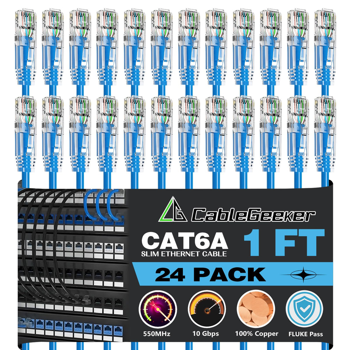 Câble Patch Ethernet Cat6A CableGeeker 0,3m - Lot de 24 Bleu, Haute Vitesse 10Gp