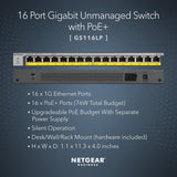 Netgear GS116LP 16-Port Unmanaged PoE+ Gigabit Switch