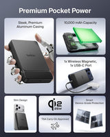 Chargeur portable Belkin, banque d'alimentation magnétique mince 10 000 mAh avec câble USB C