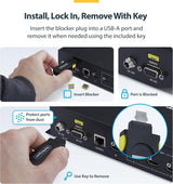 StarTech USB-A Port Blocker Key with 4X Latching USB-A Dust Cover Plug