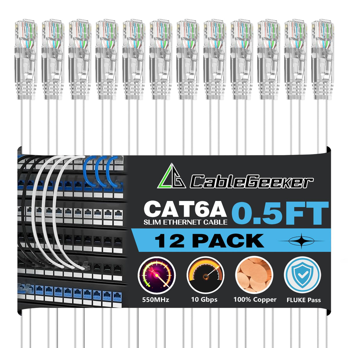 CableGeeker Cat6A Ethernet Patch Cable 0.5ft-12Pack White, High-Speed