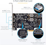 StarTech.com 5-Port USB PCIe Card, USB 3.2 10Gbps, PCI Express Card wi