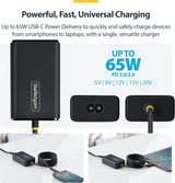 Chargeur d'ordinateur portable USB-C 65W StarTech avec adaptateur secteur GaN