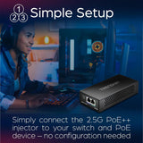 Injecteur PoE++ 2,5 G de TRENDnet, TPE-219GI, PoE++ 90 W, PoE+ 30 W, boîtier métallique