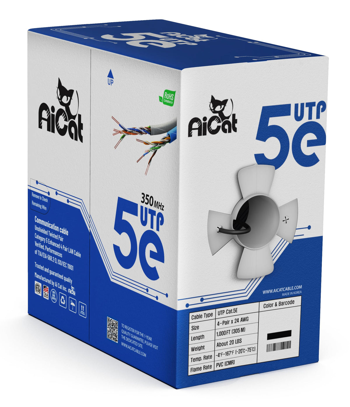 StarTech BULK CAT 5E Ethernet Cable - 1000 FT. - Solid - Plenum CMP - Blue - TAA Compliant