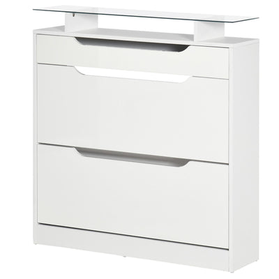 High Gloss Shoe Cabinet with 2 Flip Drawers and Adjustable Shelves, Narrow Shoe Storage Cabinet with Glass Top