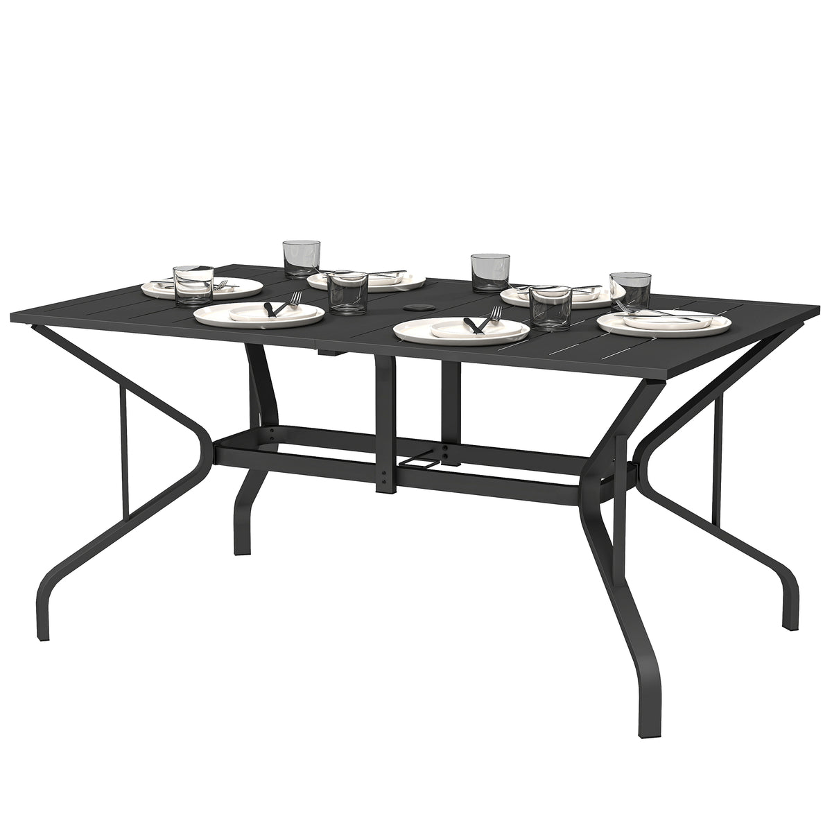 Table de salle à manger de patio rectangulaire avec trou pour parasol, table de salle à manger extérieure pour 6 avec cadre en acier pour jardin