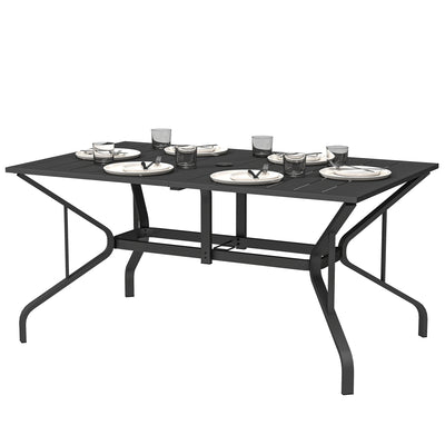 Rectangle Patio Dining Table with Umbrella Hole, Outdoor Dining Table for 6 with Steel Frame for Garden