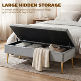 Upholstered Bedroom Bench with Gold Tone Metal Legs, Velvet Tufted and Thick Padding