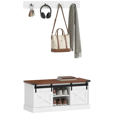 Coat Rack Shoe Bench Set 2-Piece Hall Tree Storage 4 Hooks Sliding Barn Doors White and Dk Walnut