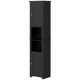 Armoire de salle de bain haute, meuble de rangement autonome avec étagères et 2 placards