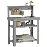 Outdoor Potting Bench Table with Faucet, Hooks and Storage Shelves, Wood Work Bench Workstation